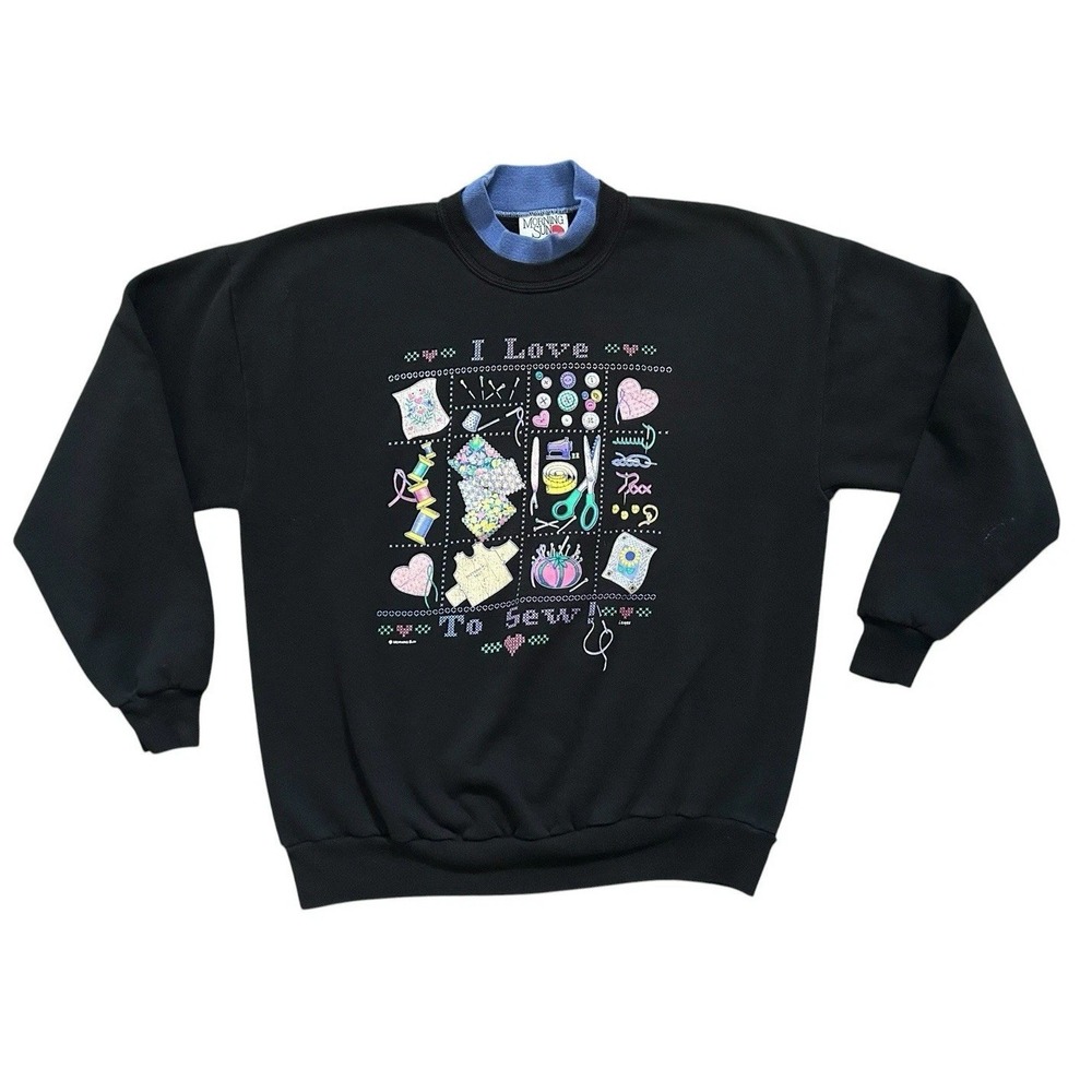 Vintage 90s Morning Sun Sweatshirt XL I Love To Sew Crew Double Collar Grandma